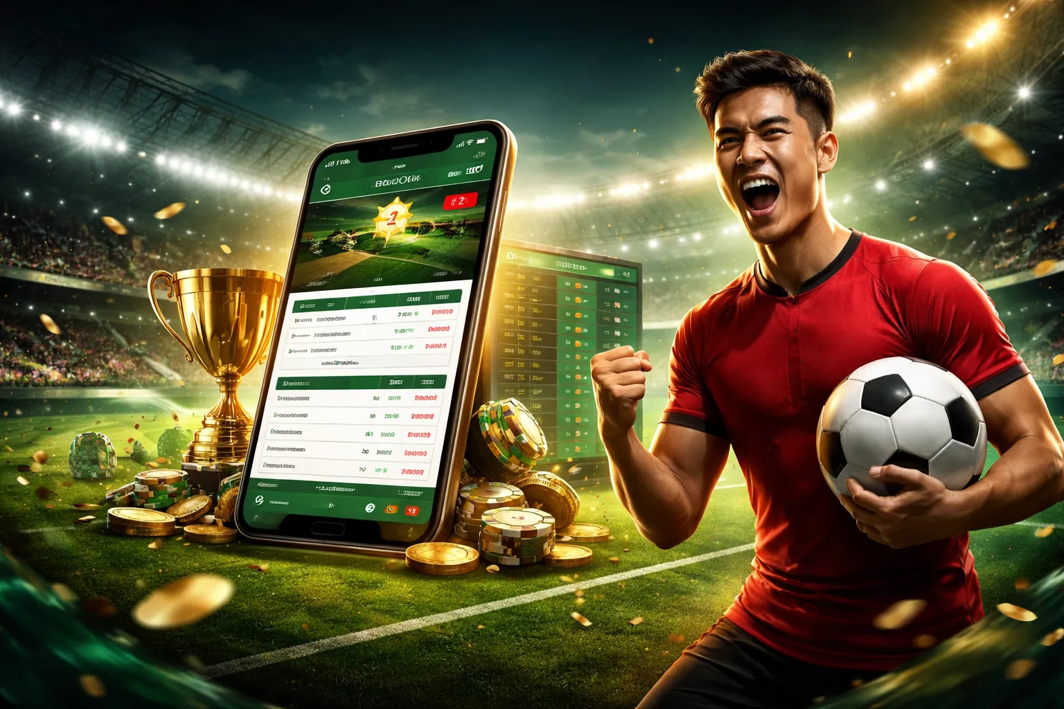 Sân vận động bóng đá với logo Mayclub và không khí sôi động